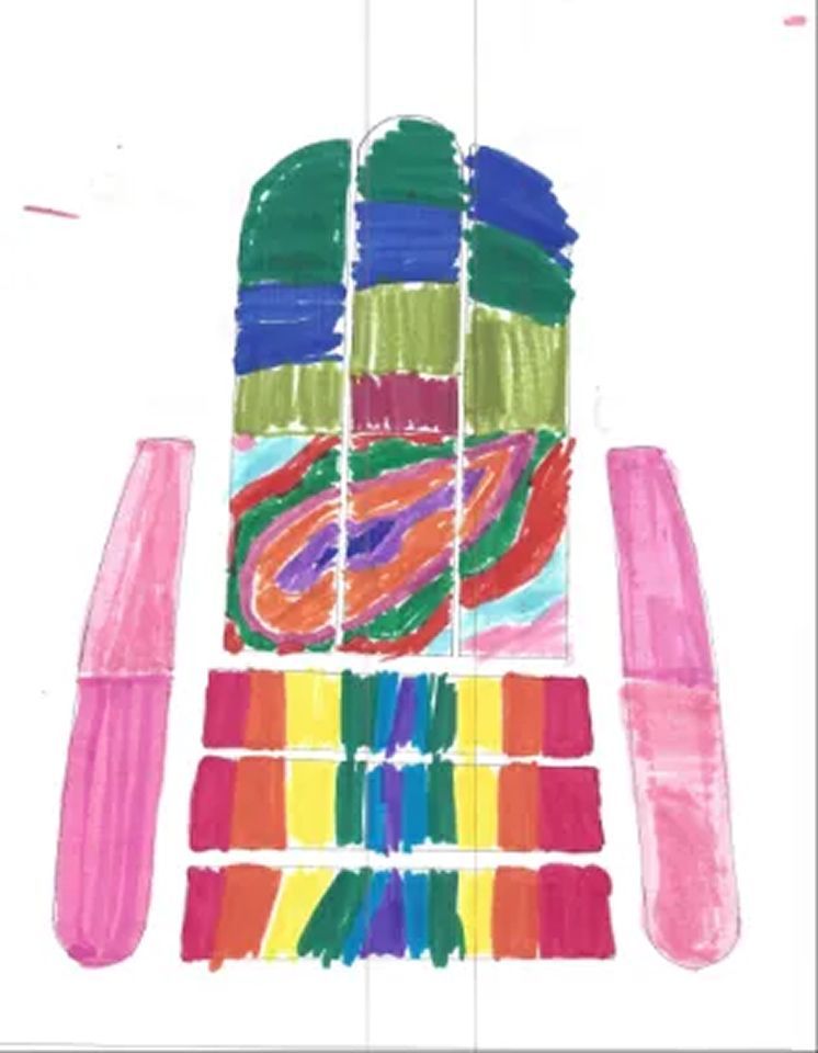 Colorful abstract drawing with pink side shapes and multicolored stacked blocks in the center