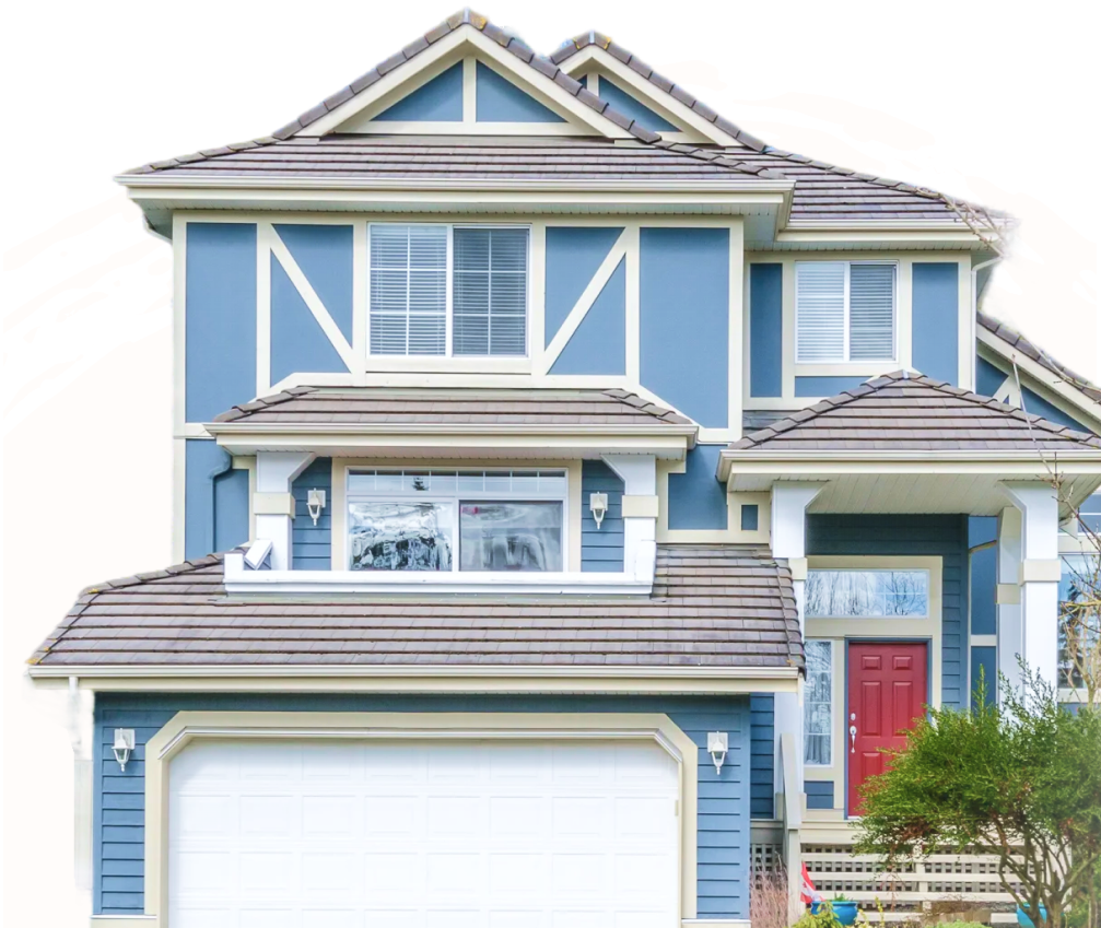 Blue two-story house with white trim, red front door, and attached garage