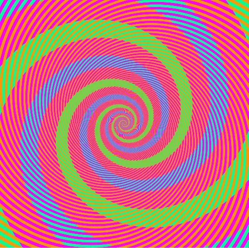 Bright neon spiral pattern in pink, green, purple, and orange