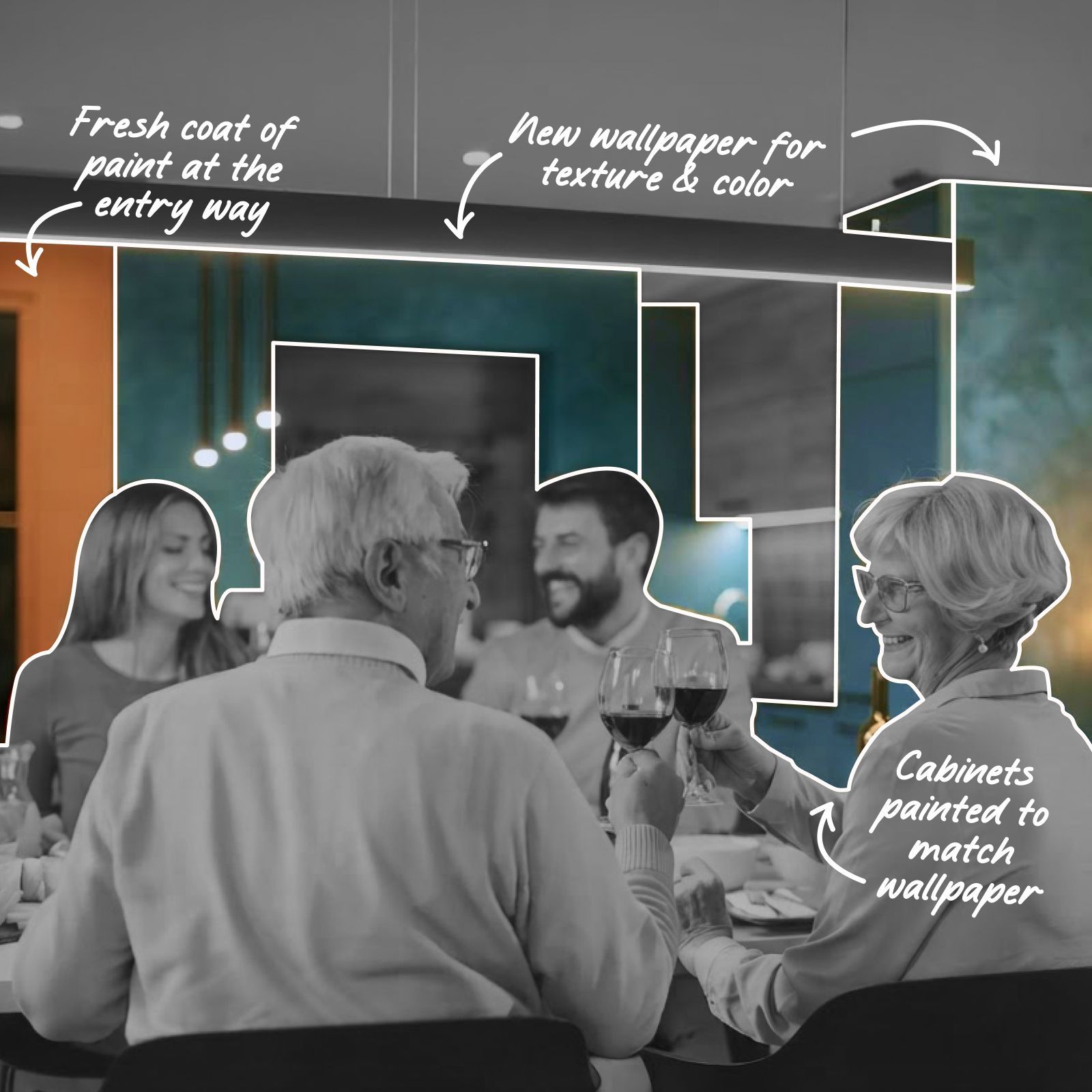 Annotated dining room design with fresh paint, wallpaper, and cabinets matched to the wallpaper.