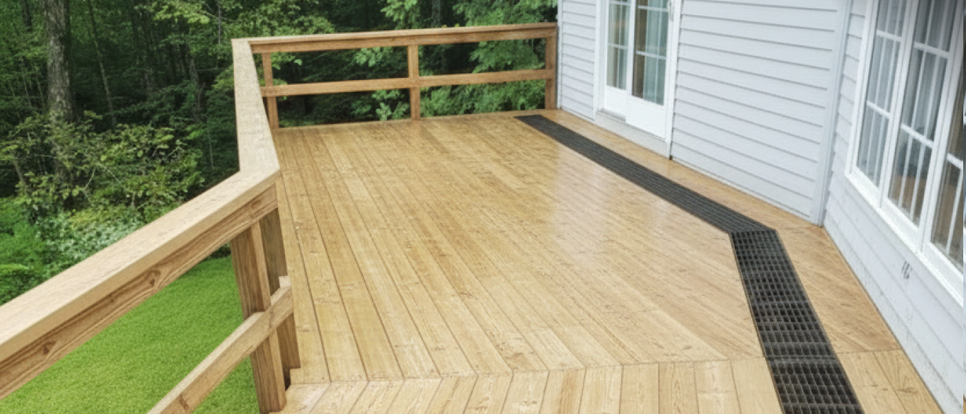 Wooden deck beside a white house, with railing and a black drainage grate along the edge.