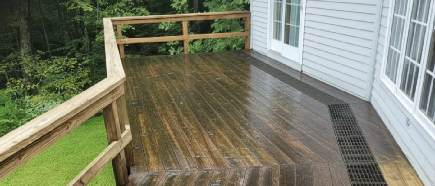 Wet wooden deck outside a white house, with railing, greenery, and a black mat by the door