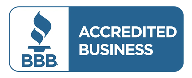 BBB Accredited Business blue and white logo with the BBB torch icon and text