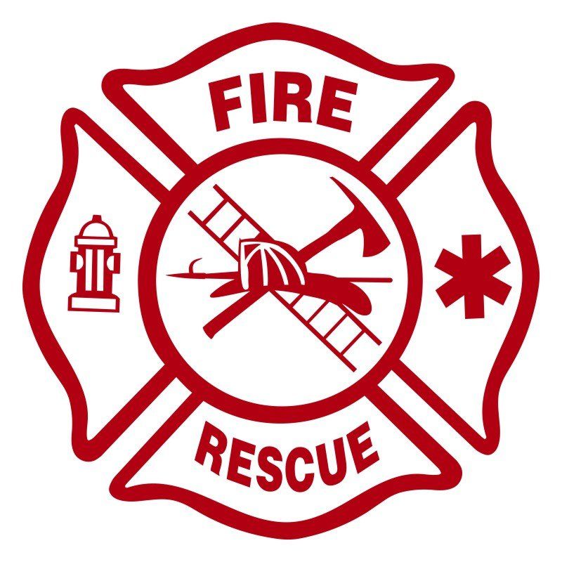 A red fire rescue logo with a fire hydrant hammer and star
