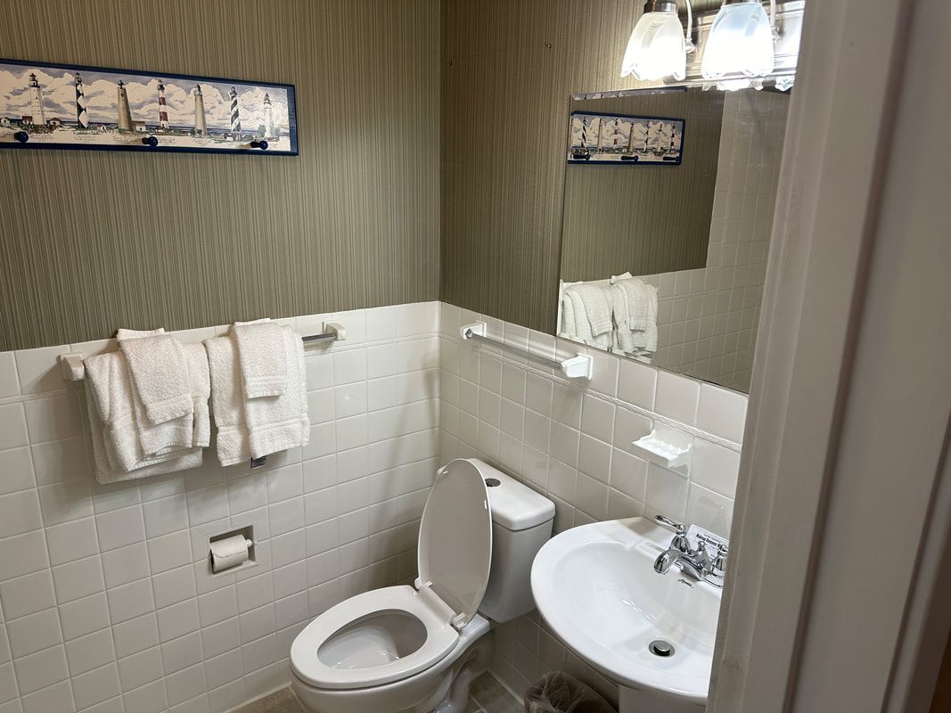 A bathroom with a toilet , sink and mirror.