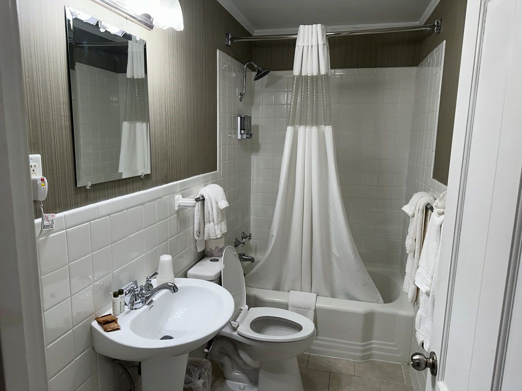 A bathroom with a sink , toilet , shower and mirror.