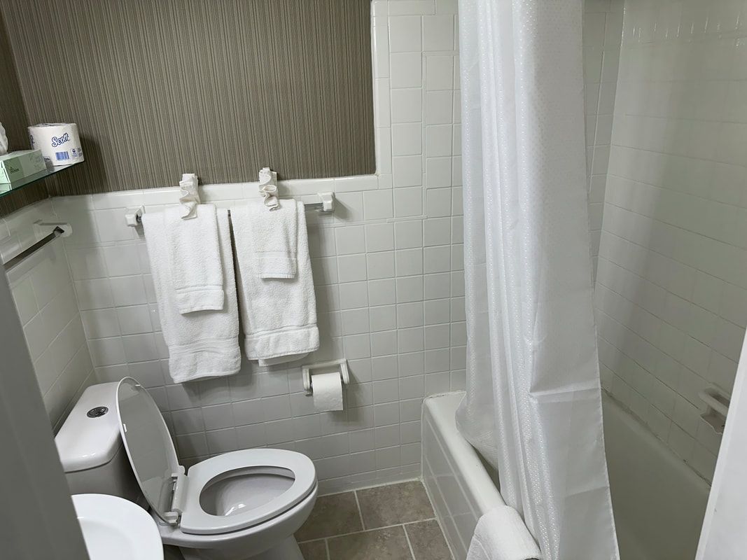 A bathroom with a toilet , shower , and bathtub.