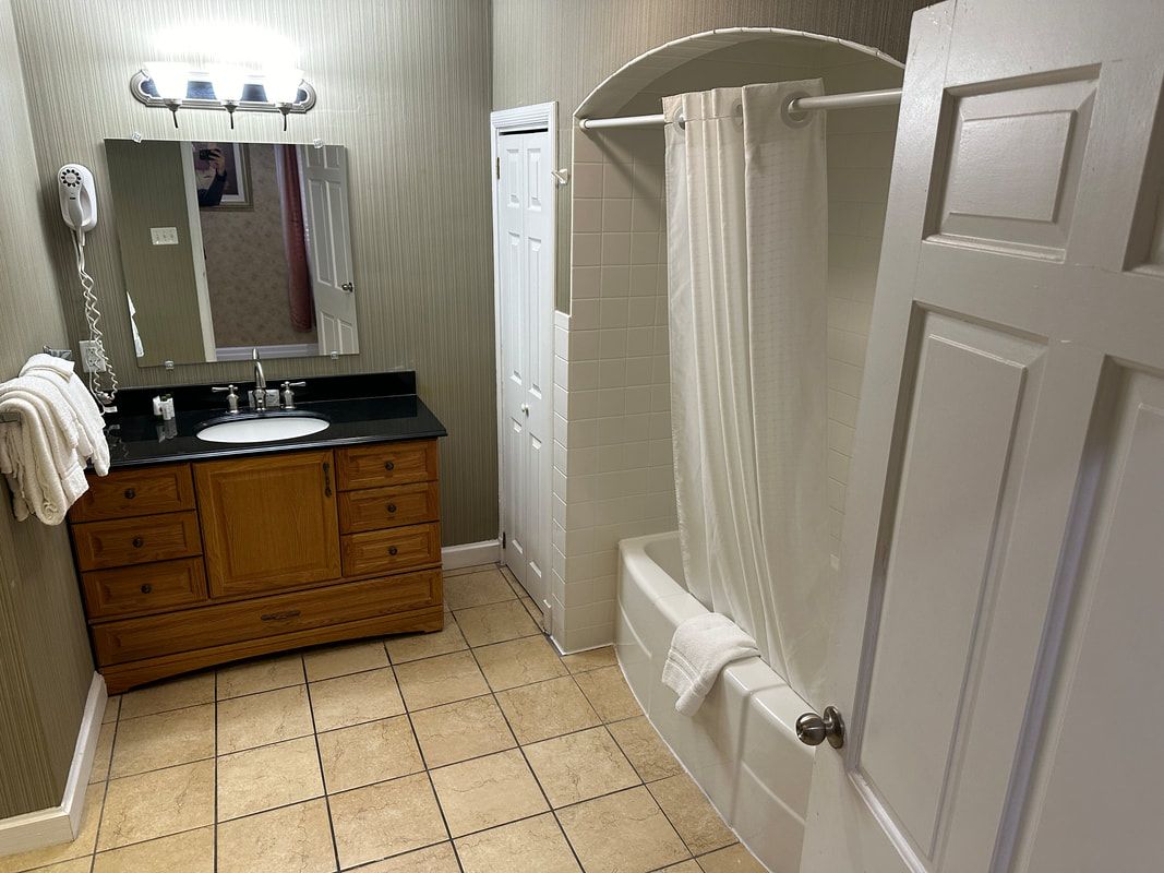 A bathroom with a sink , shower , and mirror.