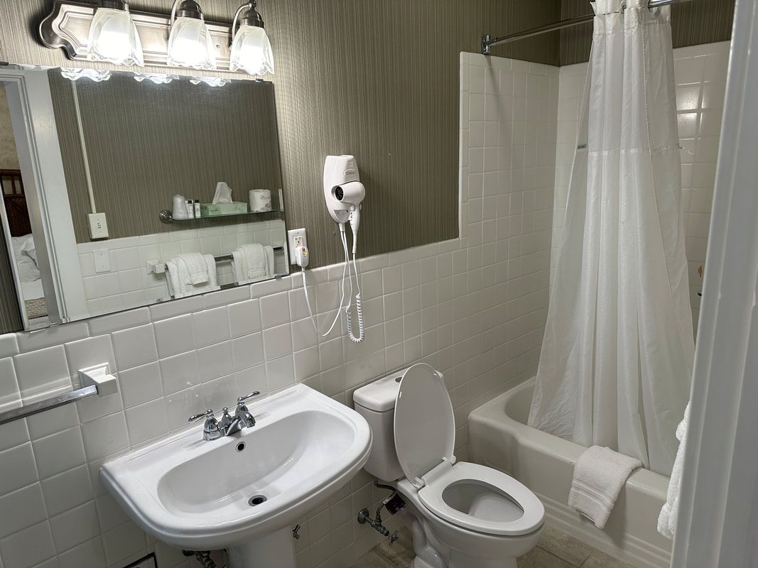 A bathroom with a toilet , sink , and shower.