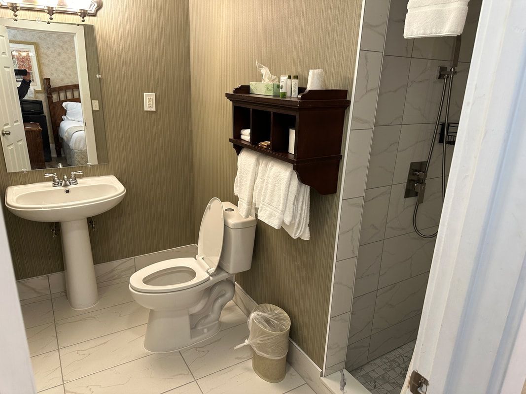 A bathroom with a toilet , sink and shower.