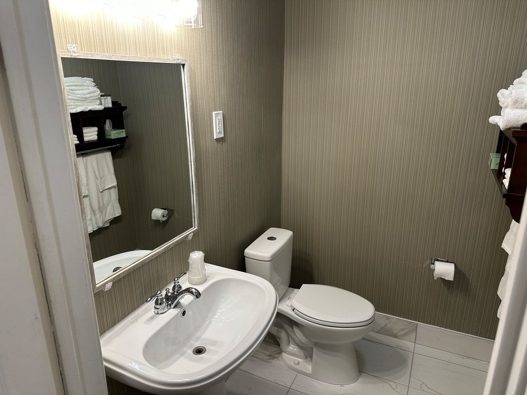 A bathroom with a sink , toilet and mirror.