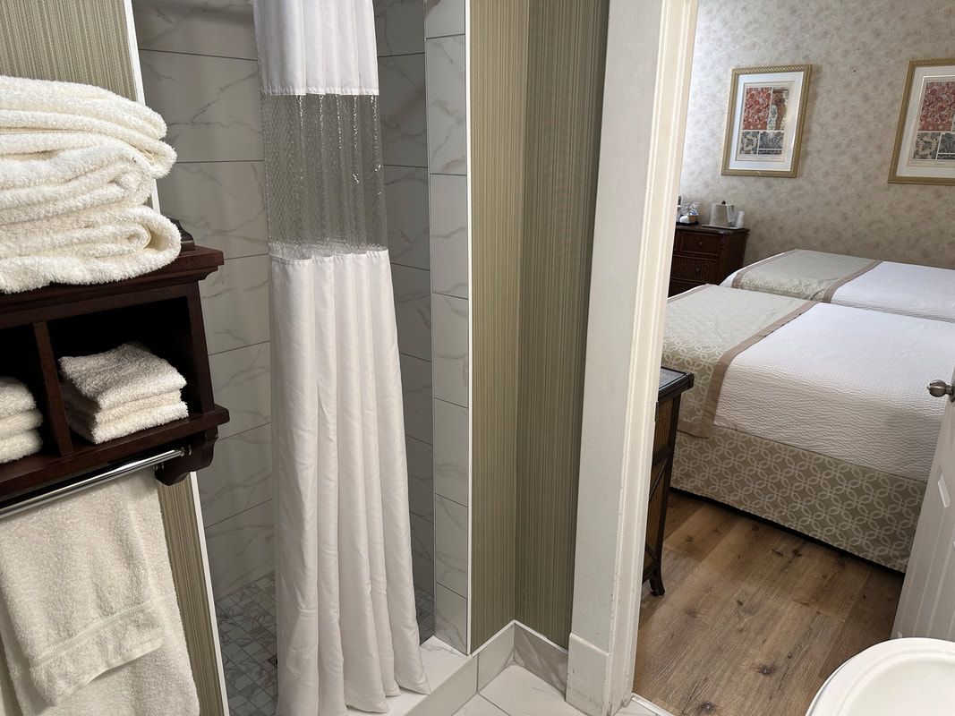 A bathroom with a shower and a bed in the background.