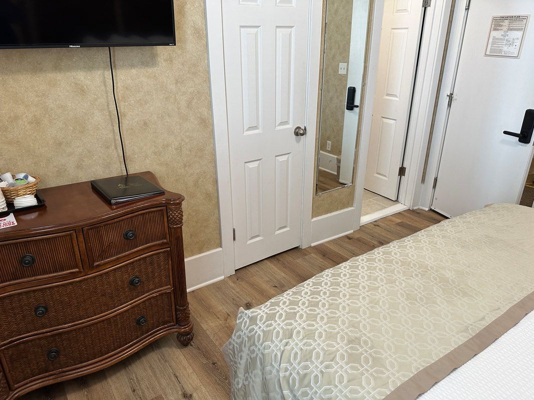 A bedroom with a bed , dresser , television and mirror.