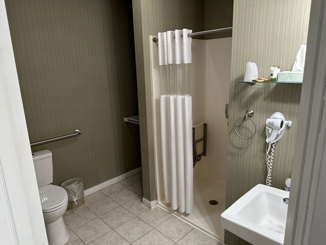 A bathroom with a toilet , sink , shower and hair dryer.