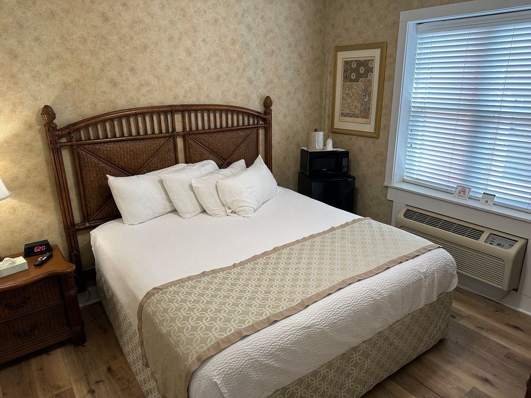 A hotel room with a king size bed and a window.