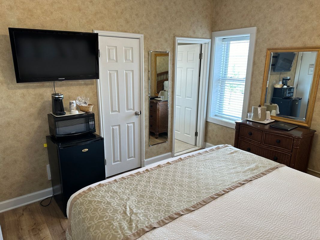 A hotel room with a bed , television , refrigerator , microwave and mirror.