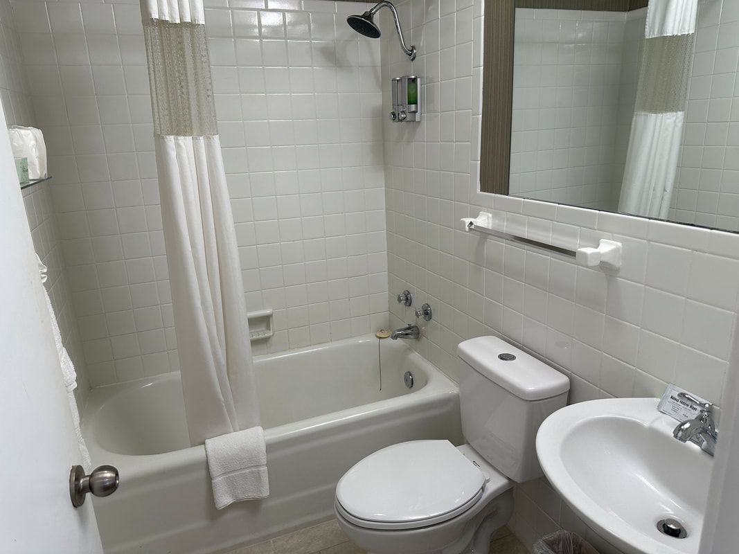 A bathroom with a toilet , sink , bathtub and shower.