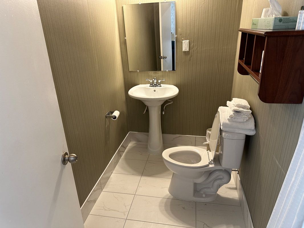 A bathroom with a toilet , sink and mirror.