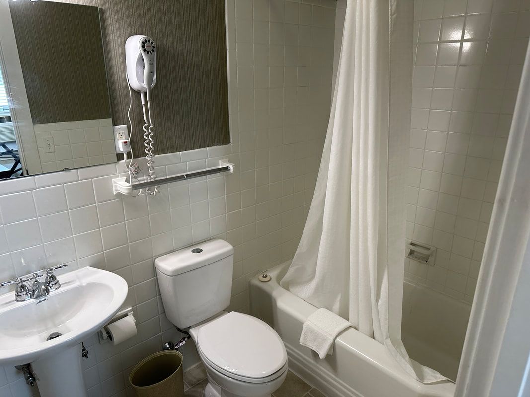 A bathroom with a toilet , sink , and shower.