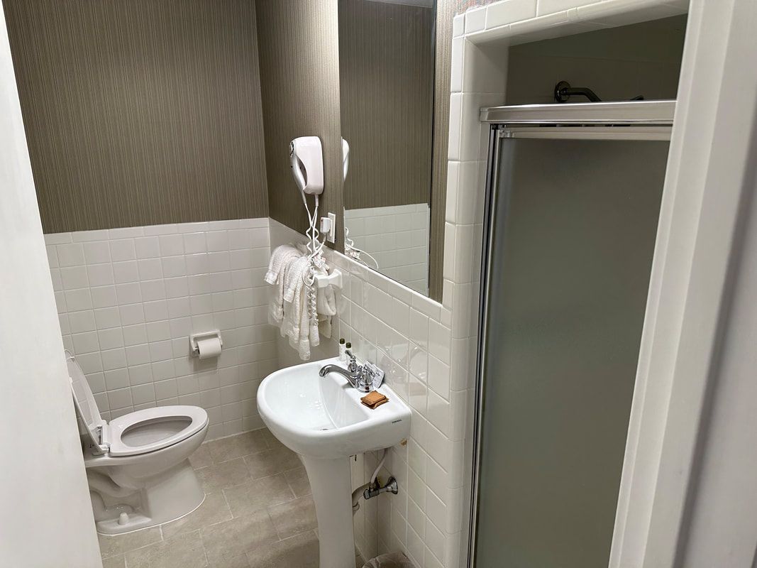 A bathroom with a toilet , sink , mirror and shower.