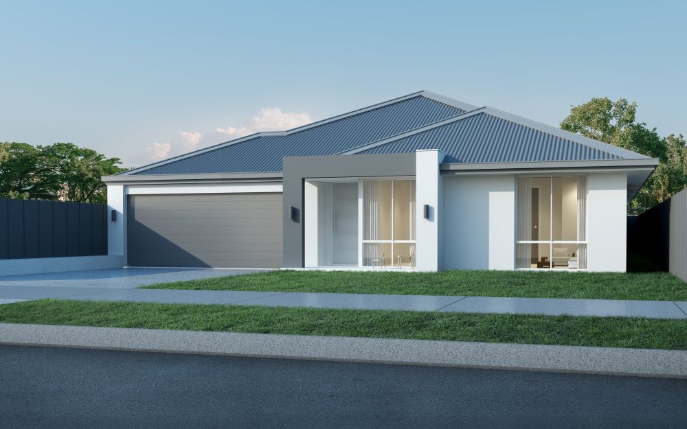Modern single-story house with gray roof, white exterior, and a garage on a quiet street. — Rendering By Yilmaz P/L In Kiama, NSW