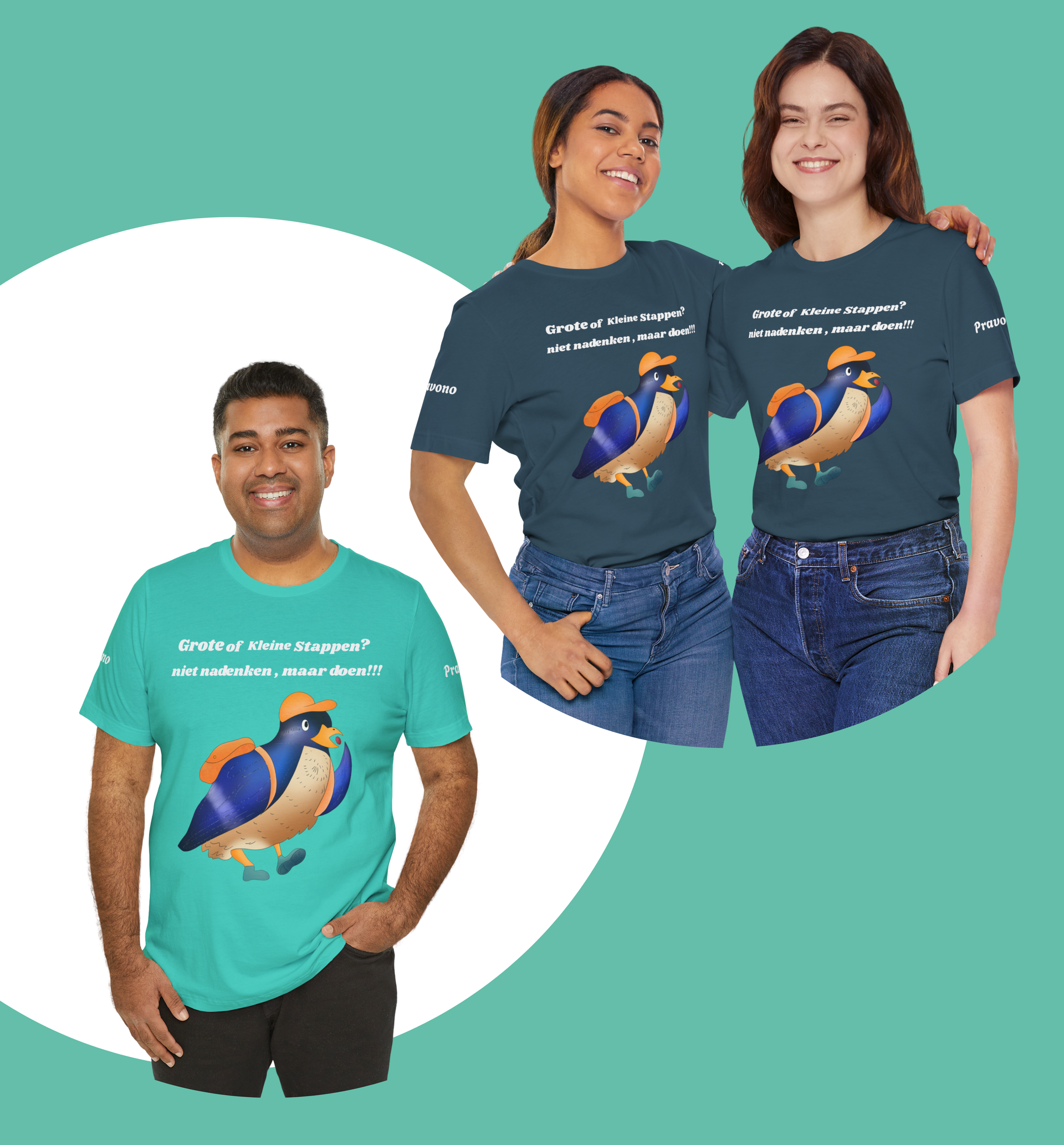 Kleurrijke Unisex Wandel T shirt met speelse originele grafische snoepende vogel.