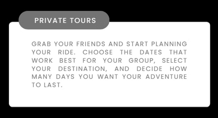 White card labeled “Private Tours” with text about planning a custom trip and choosing dates and destination.
