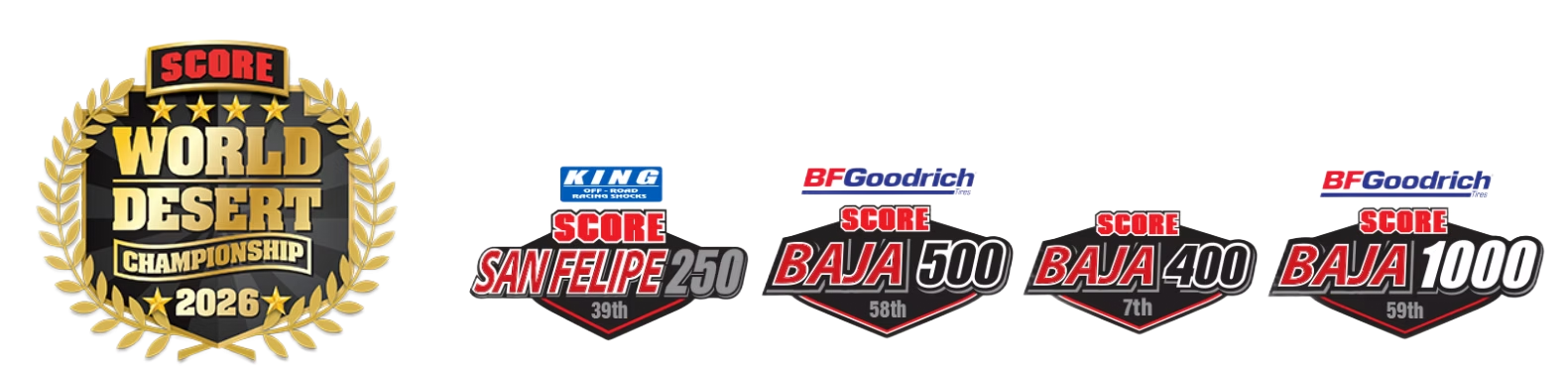Series of rally event logos on a white background, including World Desert Championship and multiple race badges