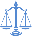 A blue scale of justice on a white background.