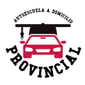 Logo de autoescuela a domicilio “Provincial” con coche rojo bajo un tejado negro