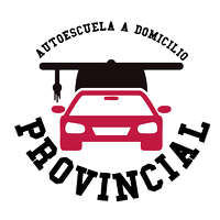 Logo de autoescuela a domicilio “Provincial” con coche rojo bajo un tejado negro