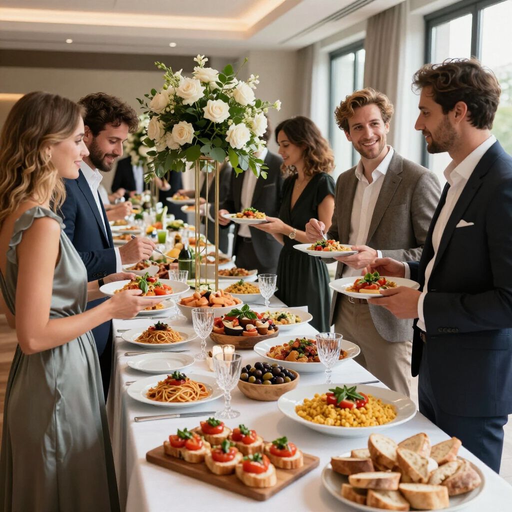 Mensen aan een buffet, die hun eigen eten uitkiezen. Witte tafelkleden, bloemen, diverse gerechten. Goed geklede mensen met een glimlach.