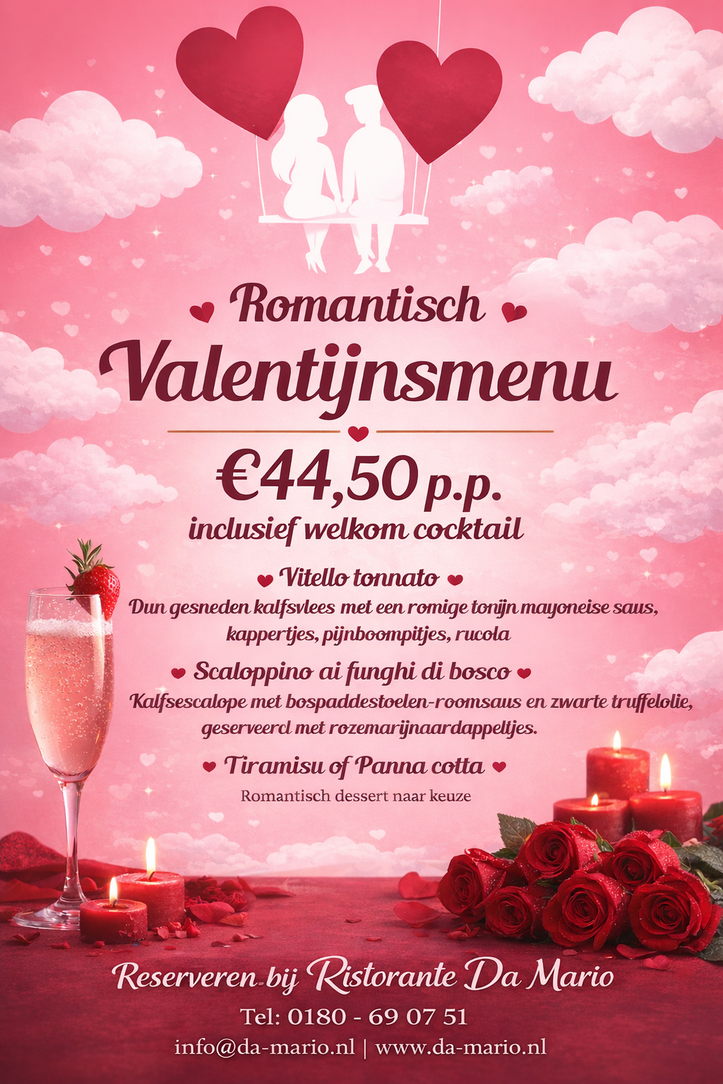 Advertentie voor een Valentijnsmenu: roze ontwerp met hartjes, silhouet van een stel, gerechten en prijs.
