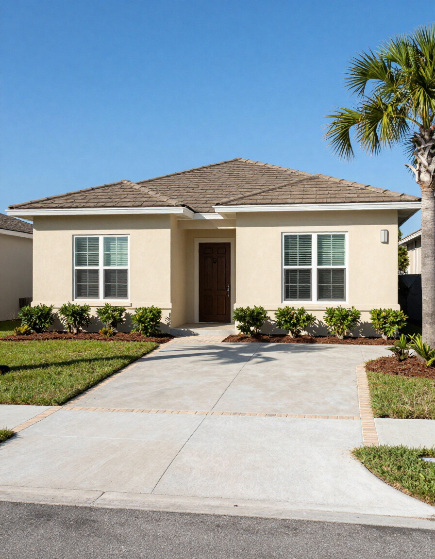 Fort Walton Beach stucco home with clean driveway and coastal landscaping