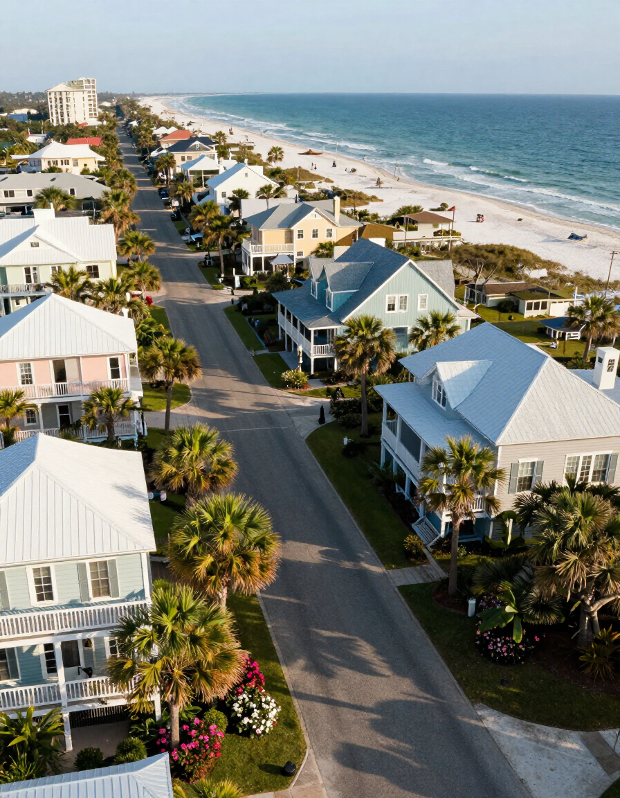 Aerial view of the 30A coastal corridor with beach homes and Gulf light