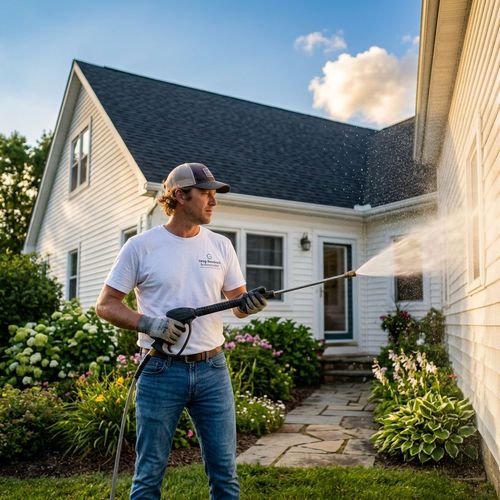 Professional pressure washing technician cleaning a stucco home exterior in Florida sunlight