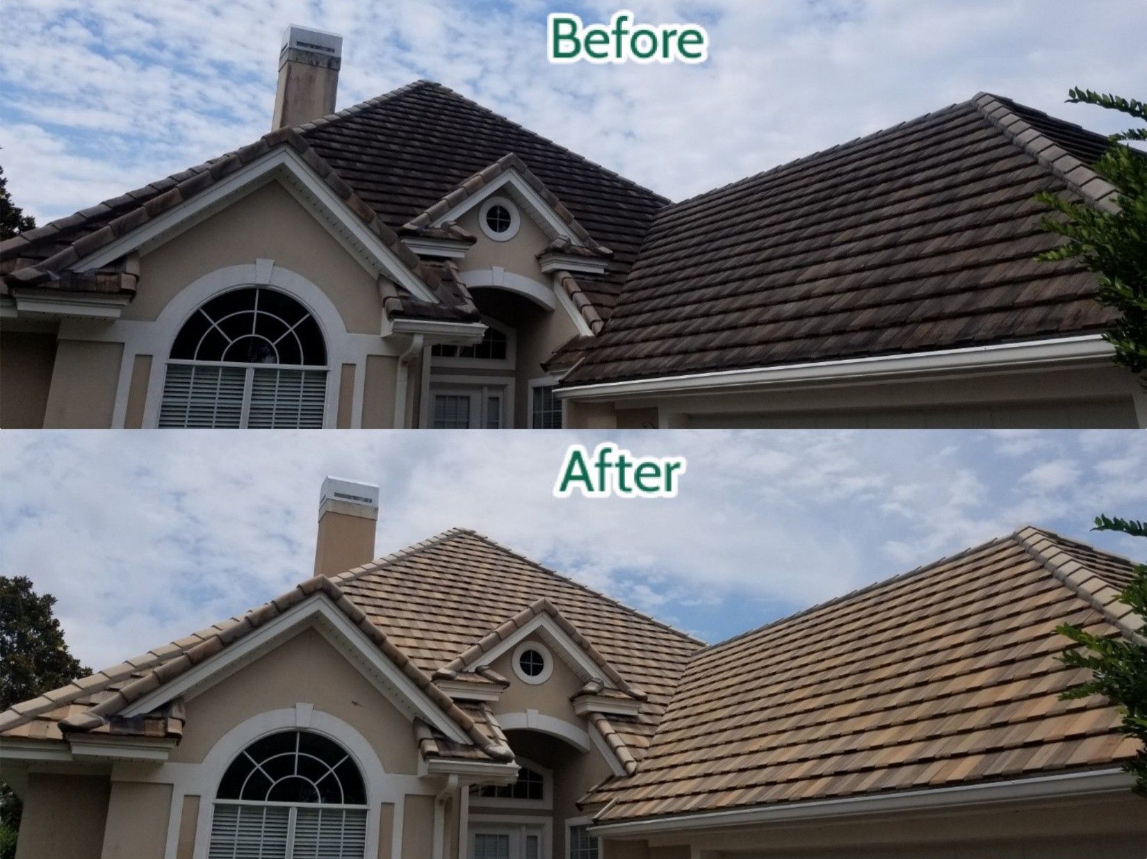 Before-and-after view of a house roof, changing from dark shingles to tan tiles Before-and-after view of a house roof, changing from dark shingles to tan tiles