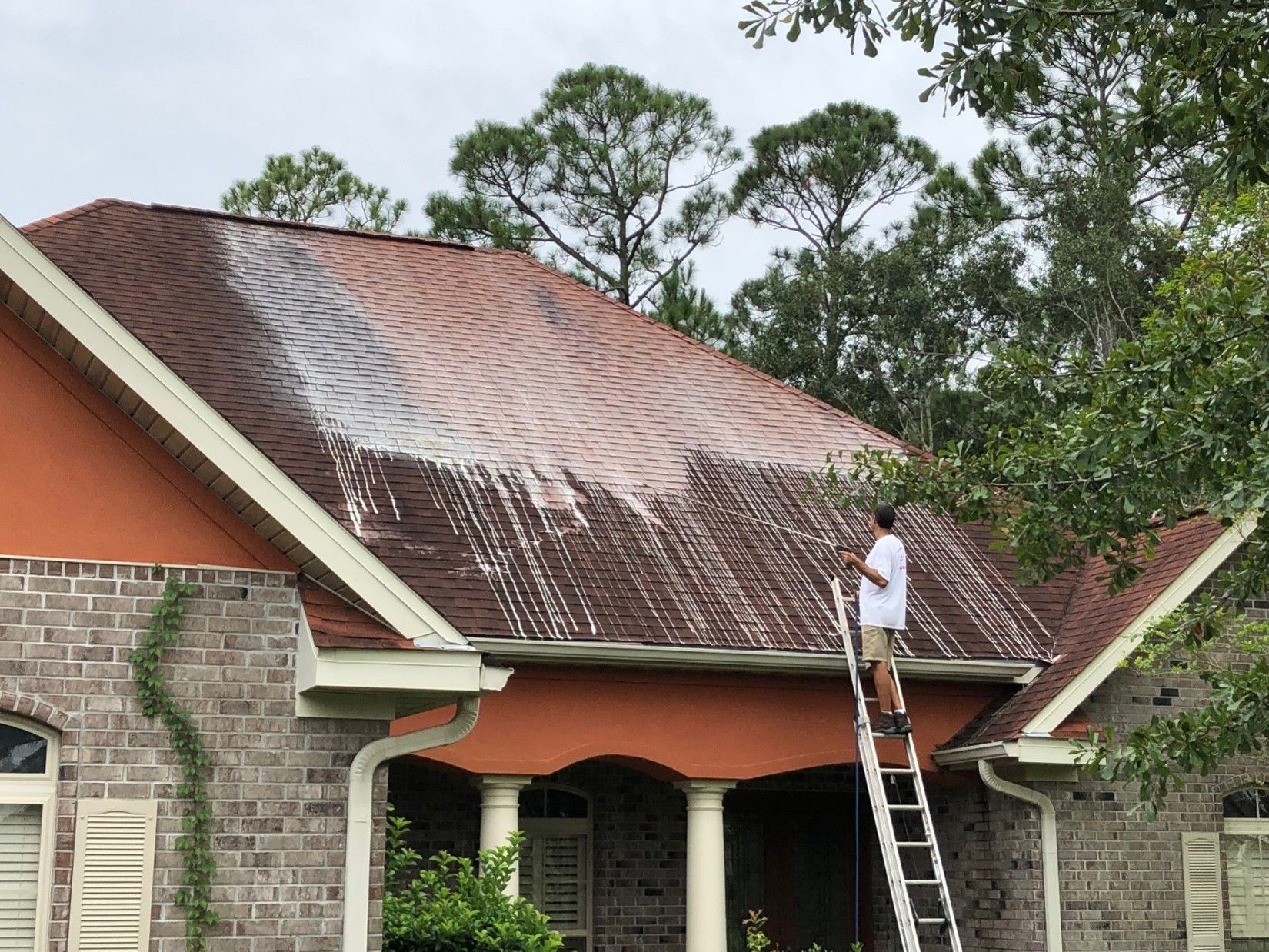 Soft wash solution being applied to a Florida roof during professional cleaning