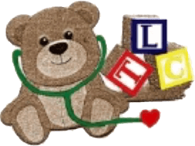 Teddy bear with a green stethoscope and blocks spelling TLC, suggesting pediatric healthcare.
