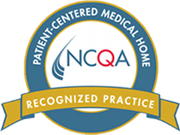 NCQA Patient-Centered Medical Home Recognized Practice seal, blue and gold, with text.