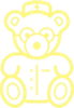 Yellow outline of teddy bear wearing glasses and nurse's cap.
