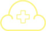 Yellow cloud with a plus sign, representing healthcare in the cloud.