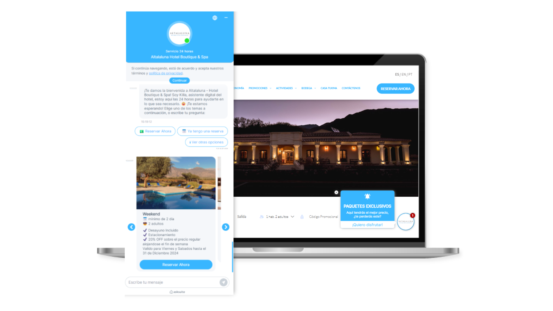 Ordenador portátil y teléfono inteligente mostrando una interfaz de aplicación de viajes azul con detalles del hotel y del destino.