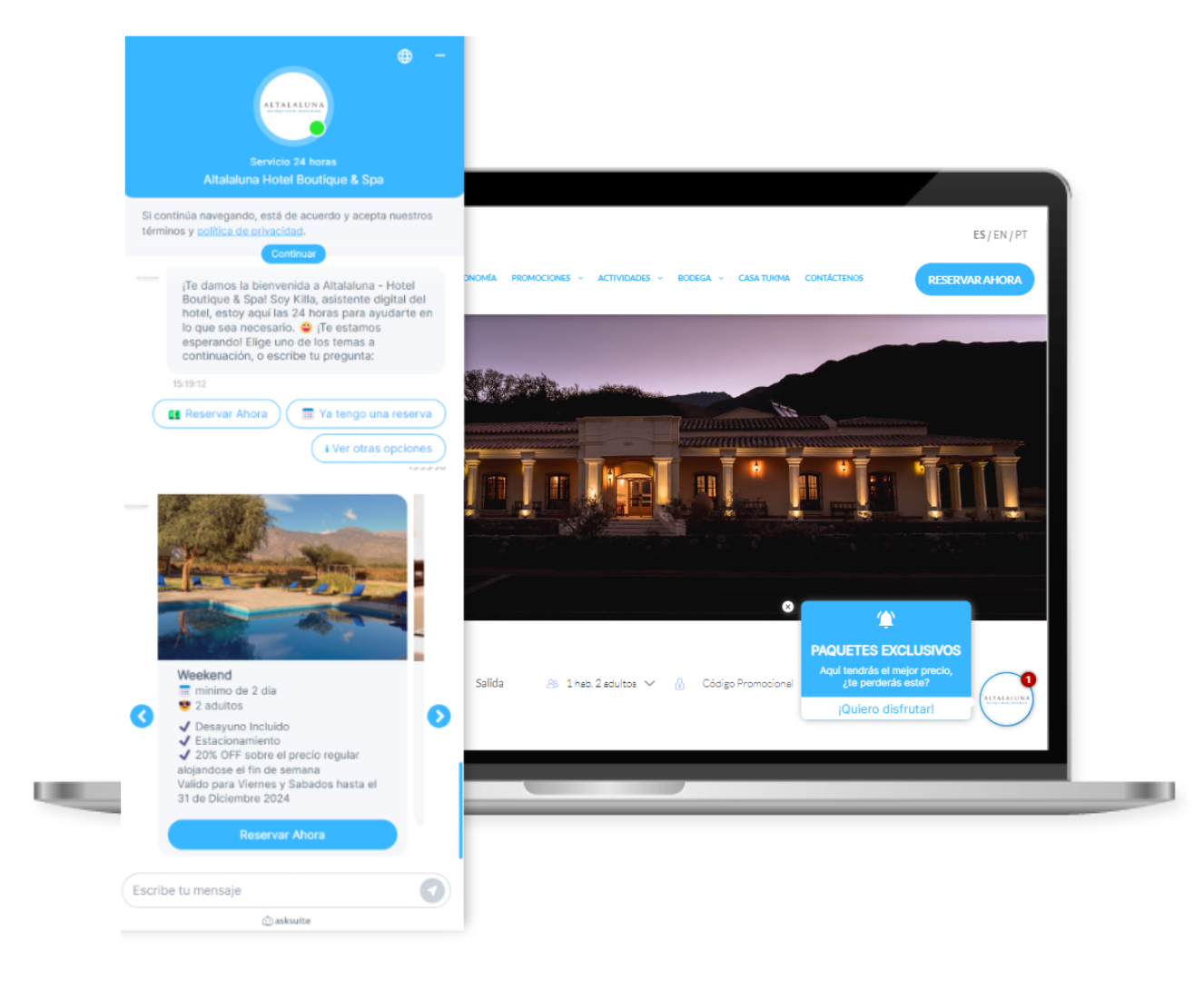 Se muestra una página web de viajes en un ordenador portátil y un teléfono inteligente, con una interfaz azul sobre una foto panorámica de un complejo turístico.