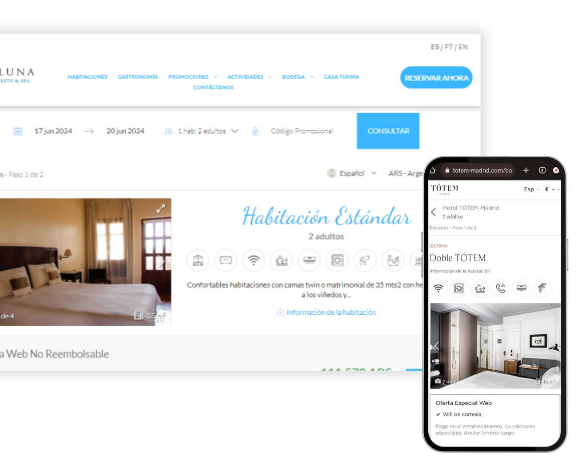 Página web de reservas de hotel que se muestra en pantallas de ordenador y móviles con fotos de las habitaciones y navegación azul.