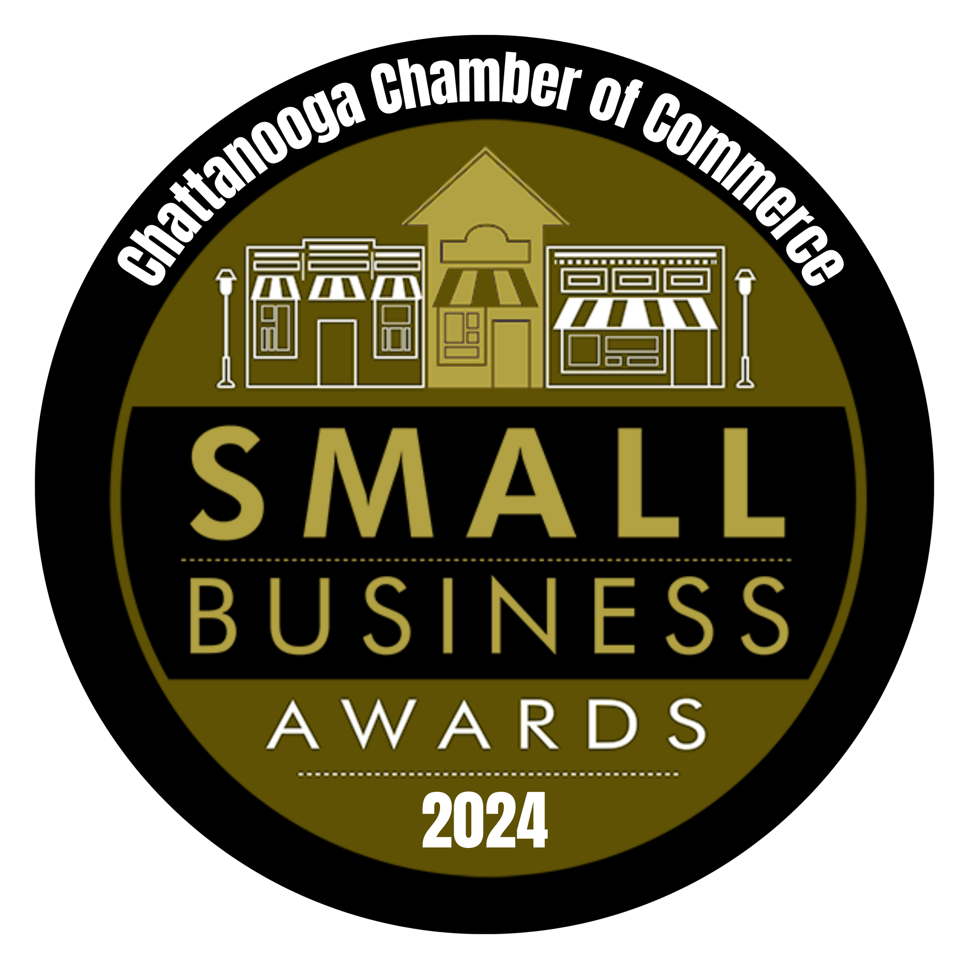 Chattanooga Chamber of Commerce Small Business Awards 2024 logo. Gold and black circular design with storefronts.