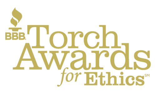BBB Torch Awards for Ethics logo in gold. Features a stylized flame above the text and the BBB logo in the upper left corner.