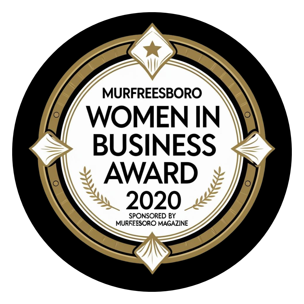 Murfreesboro Women in Business Award 2020 logo, black and gold, with star and art deco accents.