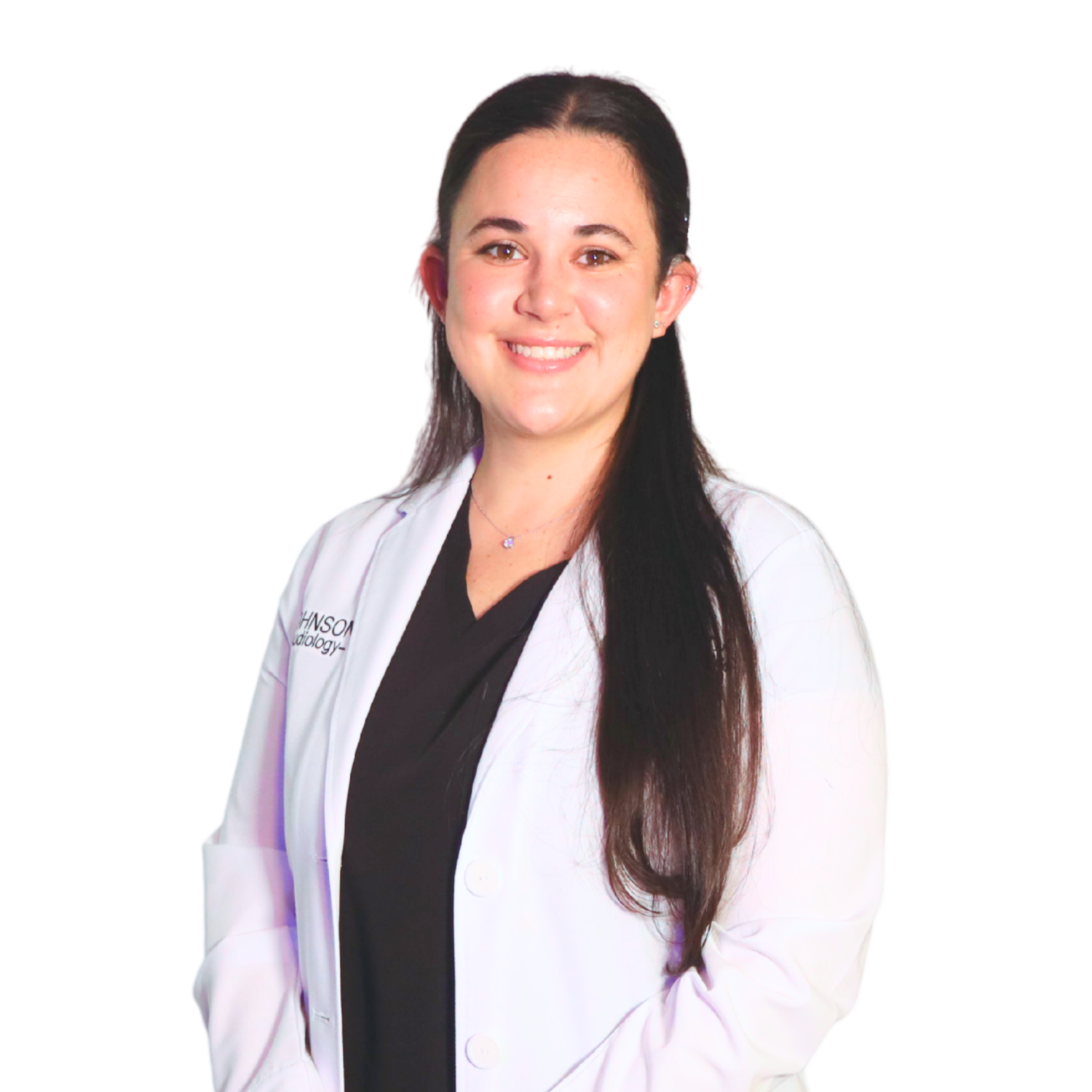 Smiling medical professional in a white lab coat against a white background