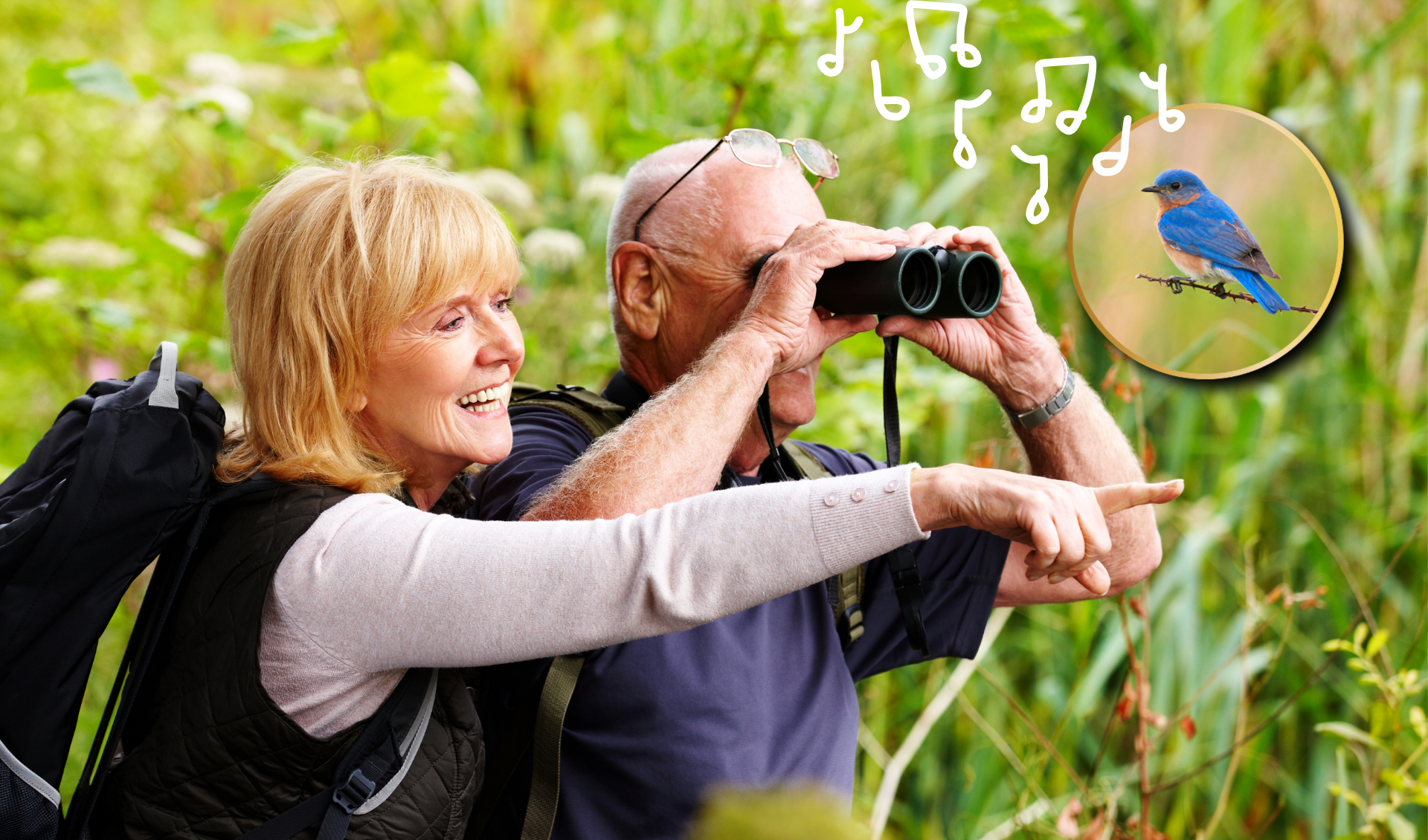 Two birdwatchers in a green wetland, one using binoculars and one pointing, with a blue bird inset above.
